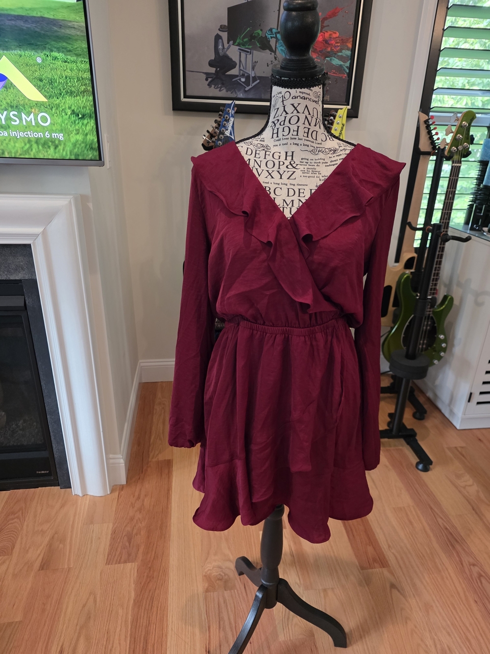 Express Burgundy Ruffle V-Neck Long Sleeve Dress